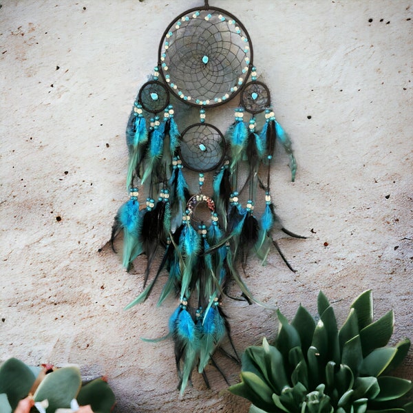 Blue Tree Of Life Feathered Dreamcatcher, Healing Stone Wall Hanging, Boho Home Decor, Rustic Native Wall Decor, Gift for her, New Home Gift