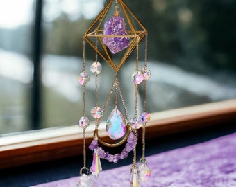 Boho Suncatcher Outdoor Hanging, Healing Gemstone Suncatcher, Valentines Gift for Her, Big Room Home Decor, Rainbow Maker, Garden Hanging