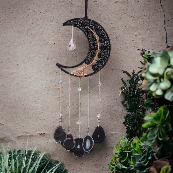 Black Agate Lunar Wind Chime, Crescent Moon Suncatcher, Crystal Tree of Life Garden Hanging, Natural Living Room Home Decor, Gift for Her