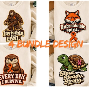 May include: Four cream-coloured sweatshirts, each with a different graphic design. One shows a brown Bigfoot with the text "Invisible but real." Another features a fox with "Unbreakable spirit." An otter with "Every day I survive" and a turtle with "Slow, steady, strong".