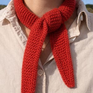May include: A bright red knitted scarf, knotted at the neck, with elongated ends. The scarf, made from textured yarn, is worn over a light-coloured button-down shirt. A gold necklace is visible.