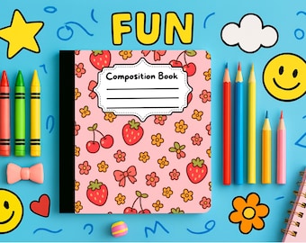 Portada para libro de composición con lazo de fresa: diseño rosa imprimible (descarga digital)