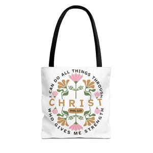 THROUGH CHRIST White church Tote Bible Verse Tote Bag, Christian Gifts for her Bible Bag, Religious Gifts, Reusable Cotton Tote for Church