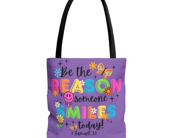 SMILE Tote Bag, Bible Verse Tote Bag, Christian Gifts for her Bible Bag, Religious Gifts, Reusable Cotton Tote for Church