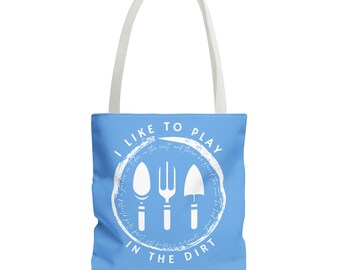 PLAY IN DIRT Blue Garden Tote Bible Verse Tote Bag, Christian Gifts for her Bible Bag, Religious Gifts, Reusable Cotton Tote for Church