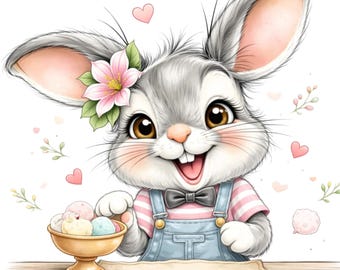 69 Conejito de helado Clipart: Conejo de acuarela PNG para postre de bebé, cumpleaños, guardería, arte