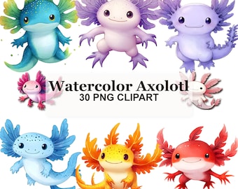 Watercolor Axolotl Clipart Bundle, 30 Cute PNG Graphics for Stickers, Party Invitations, Classroom Crafts & Canva Digital Download