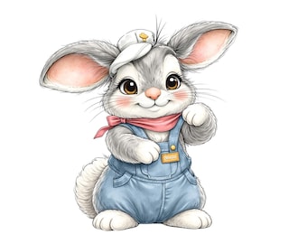 64 Bunny Mechanic Clipart PNG Set: Handyman Rabbit, Construction Animal, Watercolor Sublimation Design