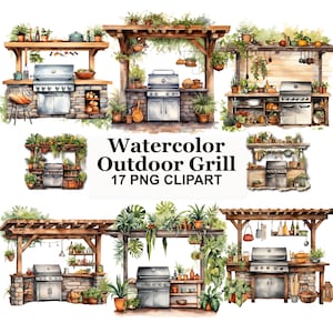 Aquarell Outdoor Grill Clipart Bundle, Sommer BBQ PNG Grafiken, rustikale Hinterhof Küchenkunst für Aufkleber