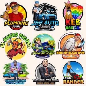 May include: Nine colourful cartoon logos featuring various businesses. The logos include a plumber, a car detailer, a wax company, a chilli pepper mascot, a construction worker, a chef, a car mechanic, a speaker, and a lawn care service.