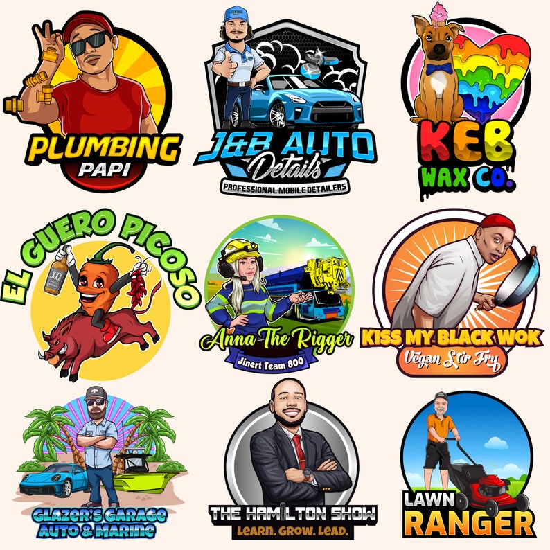 May include: Nine colourful cartoon logos featuring various businesses. The logos include a plumber, a car detailer, a wax company, a chilli pepper mascot, a construction worker, a chef, a car mechanic, a speaker, and a lawn care service.