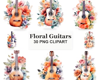 Floral Guitar Clipart Bundle, 30 Watercolor Acoustic Guitar PNGs with Flowers, Boho Music Graphics for Stickers