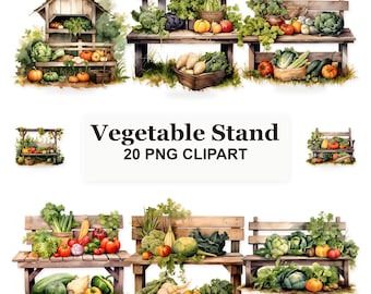 Watercolor Vegetable Stand Clipart, 20 Rustic Farmhouse Market PNGs for Fall Stickers, Invitations and Scrapbooks