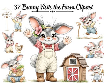 Paquete de 37 imágenes prediseñadas de conejos de granja: conejo de Pascua en acuarela PNG, descarga de arte infantil de animales de primavera
