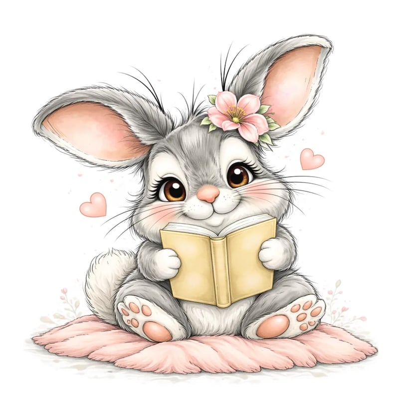 Puede incluir: Ilustraci&oacute;n de dibujos animados de un conejito gris con orejas grandes y una flor rosa en el pelo. El conejito est&aacute; sentado en un coj&iacute;n rosa y sosteniendo un libro amarillo. Dos corazones rosas flotan en el fondo.