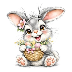 Può includere: Illustrazione di un coniglietto grigio sorridente che tiene un cestino di vimini pieno di uova di Pasqua colorate. Il coniglietto ha grandi occhi marroni, orecchie rosa e un fiore rosa. Il cestino è legato con un fiocco rosa.