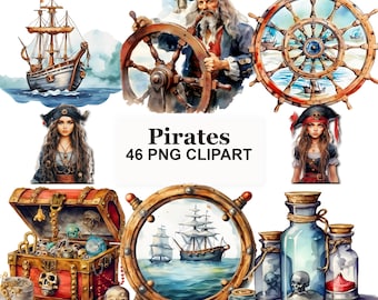 Watercolor Pirate Clipart Bundle, 46 Transparent PNGs, Pirate Ships, Treasure Chests, Skulls, Swords and Nautical Art