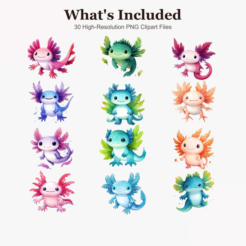 May include: A collection of 30 high-resolution PNG clipart files featuring watercolor-style axolotl illustrations in various colors including pink, blue, green, and orange, arranged in a grid with the text What's Included at the top.