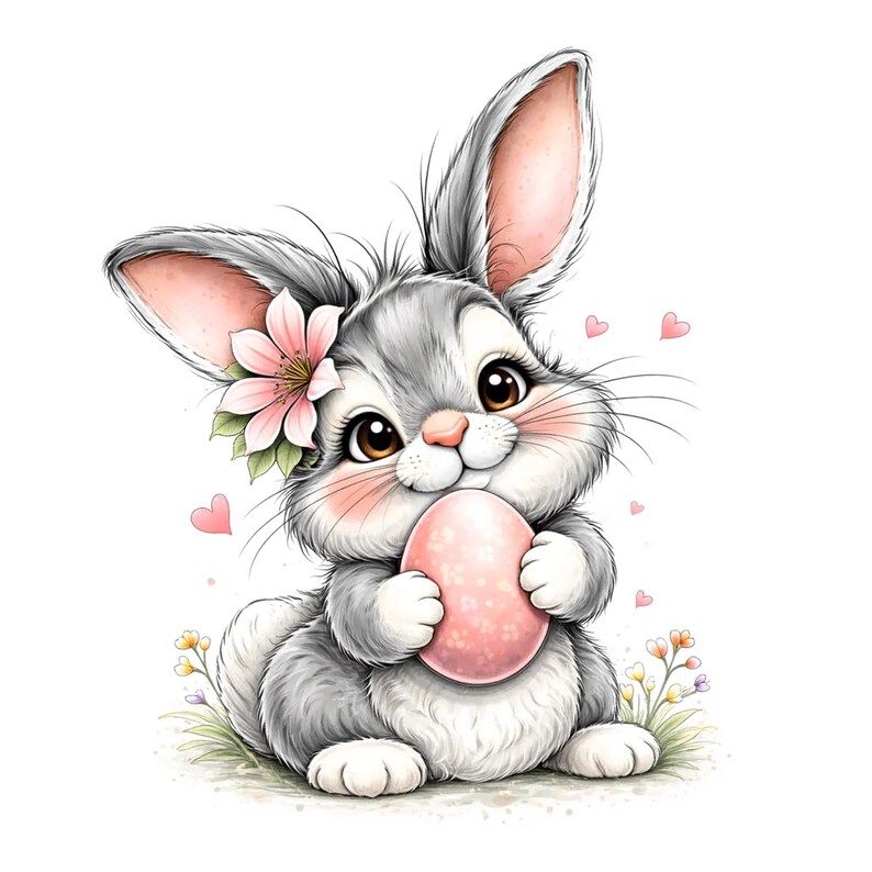 Puede incluir: Ilustraci&oacute;n en acuarela de un conejito gris y blanco sosteniendo un huevo de Pascua rosa. El conejito tiene orejas forradas de rosa, una flor rosa y mejillas rosadas. Peque&ntilde;os corazones y flores rosas est&aacute;n dispersos alrededor del conejito.