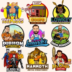 May include: A collection of nine colourful cartoon logos featuring various businesses. The logos include a construction company, a lawn service, a speech therapist, an ice cream shop, a chicken coop builder, a French fry restaurant, a metal structure company, and a dog grooming business.