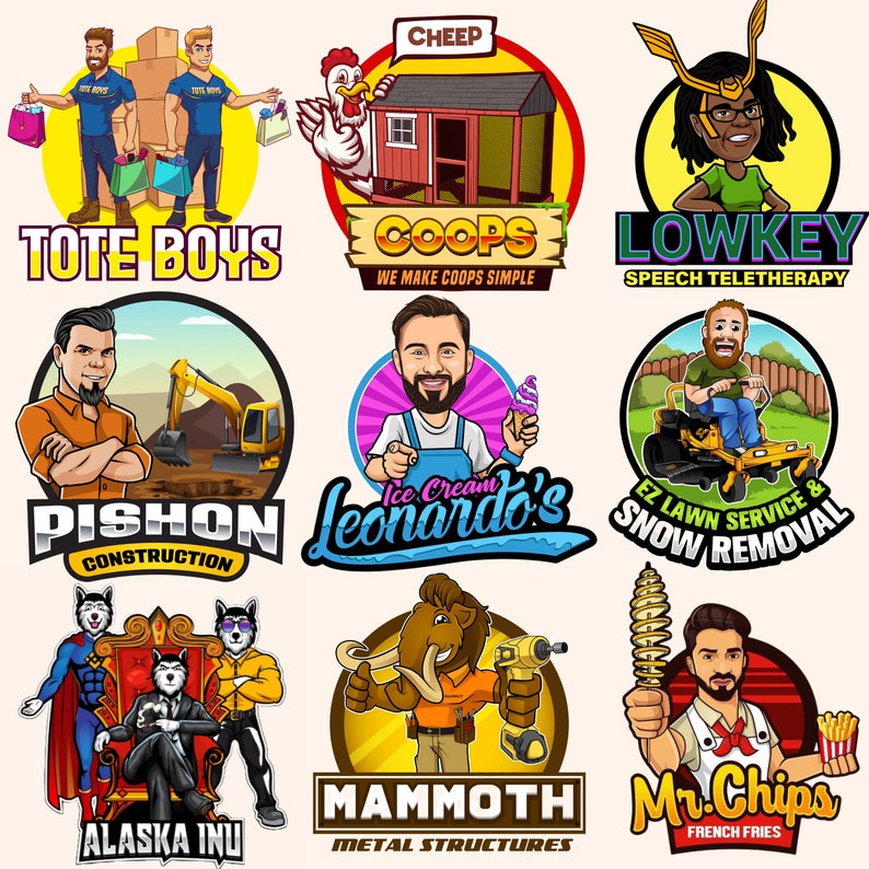 May include: A collection of nine colourful cartoon logos featuring various businesses. The logos include a construction company, a lawn service, a speech therapist, an ice cream shop, a chicken coop builder, a French fry restaurant, a metal structure company, and a dog grooming business.