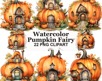 Watercolor Pumpkin Fairy House Clipart Bundle, 22 Autumn Cottage PNG Graphics for Stickers Invitations Fall Decor