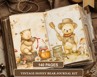 Woodland Bear Junk Journal Pages, Vintage Cottagecore Printable Kit, Honey Bee Ephemera, 141 Letter Digital Scrapbook Papers