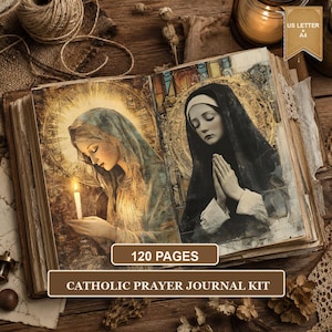 May include: A Catholic prayer journal kit featuring 120 pages, displayed as an open book with illustrations of religious figures. The left page shows a figure holding a candle, and the right page shows a figure with hands in prayer. Text reads 120 PAGES.