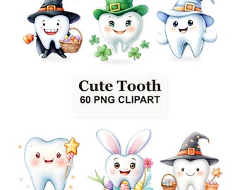 Cute Tooth Clipart Bundle, 60 Watercolor Dental Character PNGs, Seasonal Dentist Graphics for Stickers and Classroom Crafts