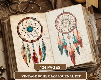 Boho Junk Journal Kit, Vintage Dreamcatcher and Feather Printable Ephemera, 124 US Letter Journal Pieces