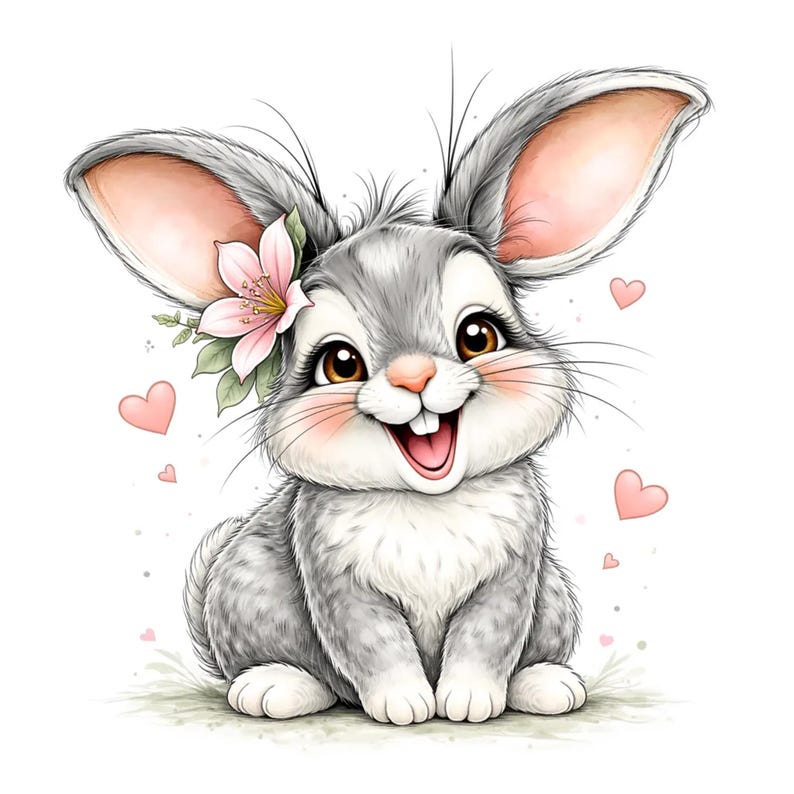 Puede incluir: Una ilustraci&oacute;n alegre de un conejito gris con orejas grandes, una nariz rosa y una amplia sonrisa. El conejito tiene una flor rosa y hojas verdes en la cabeza, con corazones rosas esparcidos alrededor. El conejito est&aacute; sentado sobre un c&eacute;sped verde.