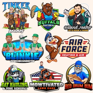 May include: A collection of nine colourful cartoon logos featuring various businesses. The logos include a buffalo, a gnome, an eagle, a raccoon, a lawnmower, a fish, and a person. The logos are all in a cartoon style and feature bright colours.