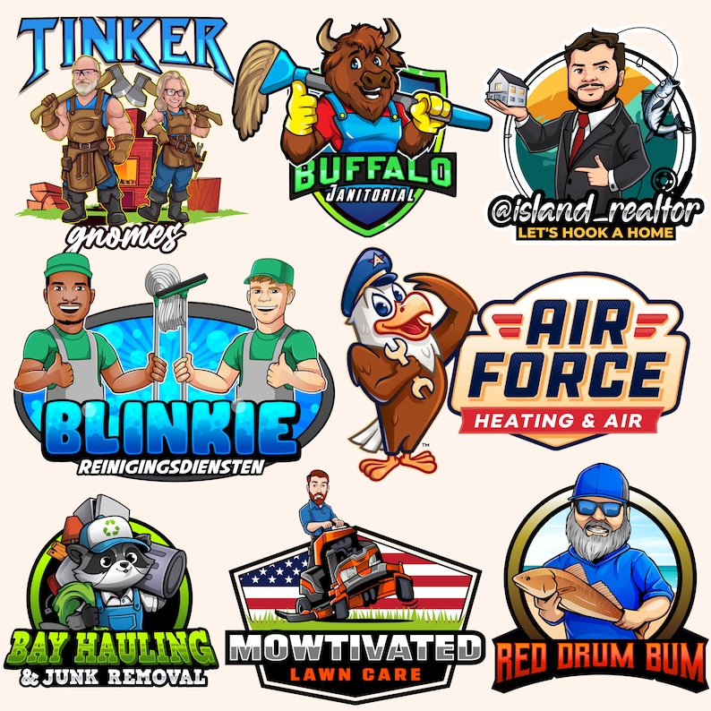 May include: A collection of nine colourful cartoon logos featuring various businesses. The logos include a buffalo, a gnome, an eagle, a raccoon, a lawnmower, a fish, and a person. The logos are all in a cartoon style and feature bright colours.