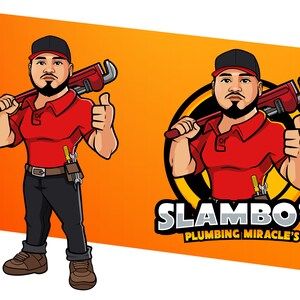 May include: A cartoon illustration of a plumber with a red shirt, black trousers, and a red wrench over his shoulder. He is giving a thumbs up. The text 'Slambo's Plumbing Miracle's' is below the image.