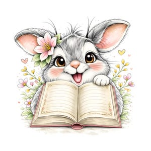 Puede incluir: Una encantadora ilustraci&oacute;n de un conejito gris y blanco con grandes ojos marrones, sosteniendo un libro abierto. El conejito tiene una flor rosa y hojas verdes en la oreja. Flores y corazones rosas y amarillos rodean al conejito.