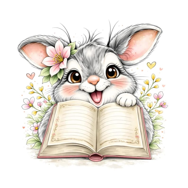 Puede incluir: Una encantadora ilustraci&oacute;n de un conejito gris y blanco con grandes ojos marrones, sosteniendo un libro abierto. El conejito tiene una flor rosa y hojas verdes en la oreja. Flores y corazones rosas y amarillos rodean al conejito.