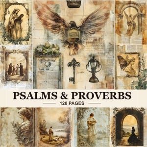 Könnte beinhalten: Eine Sammlung von Journal-Seiten im Vintage-Stil mit dem Titel PSALMS & PROVERBS 120 PAGES, die sepiafarbene Illustrationen von Engeln, einer Taube, einem Schlüssel, einer Laterne und klassischen Figuren auf gealtertem Papier zeigen.