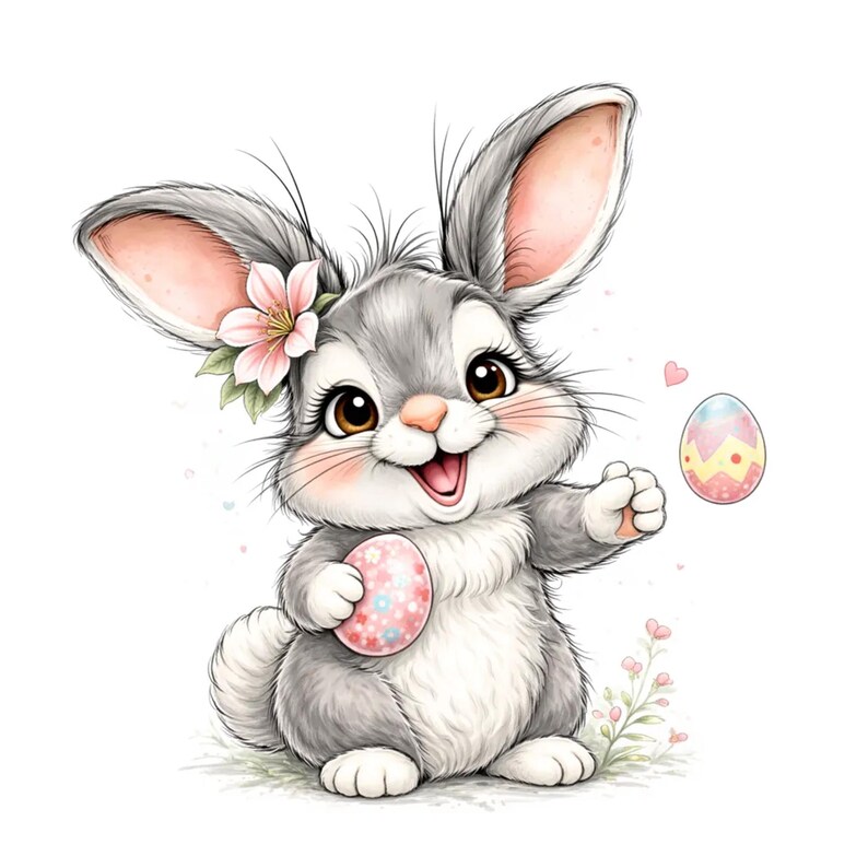 Puede incluir: Ilustraci&oacute;n en acuarela de un conejito de Pascua sonriente sosteniendo un huevo decorado. El conejito es gris y blanco con orejas rosas, una flor rosa y largas pesta&ntilde;as. Un segundo huevo con un patr&oacute;n amarillo y rosa flota cerca.