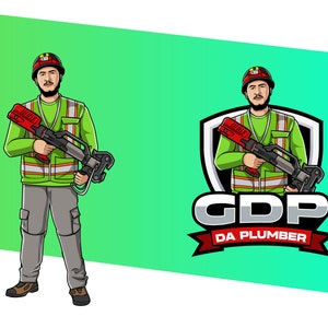 May include: A cartoon illustration of a plumber wearing a green shirt, a safety vest, and a hard hat. He is holding a red and black pipe cutter. The logo says 'GDP DA PLUMBER'.