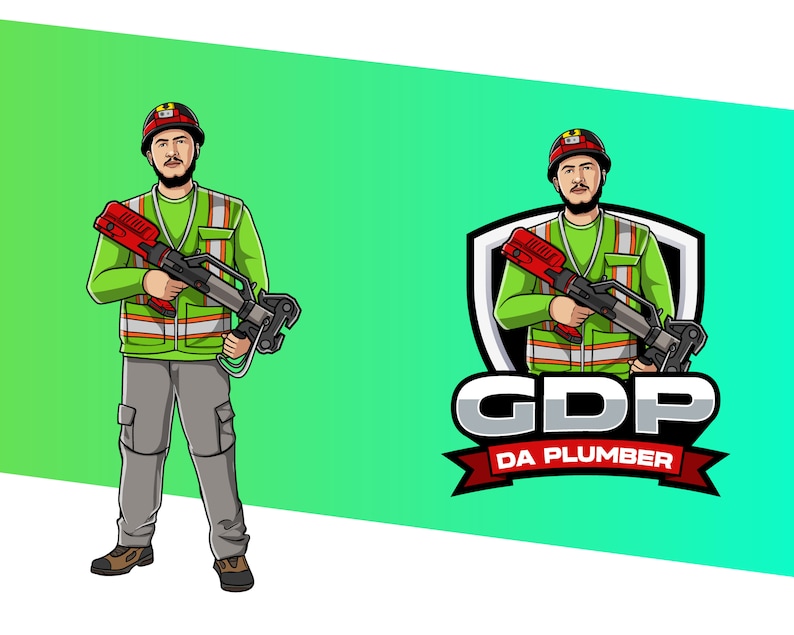 May include: A cartoon illustration of a plumber wearing a green shirt, a safety vest, and a hard hat. He is holding a red and black pipe cutter. The logo says 'GDP DA PLUMBER'.