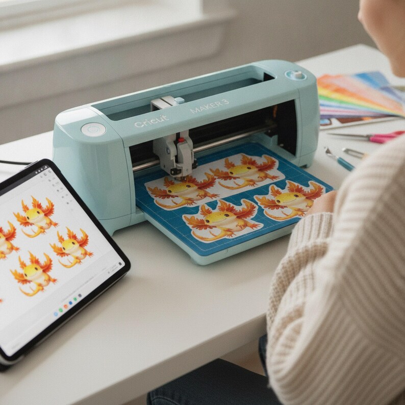 May include: A light blue Cricut Maker 3 cutting machine with a white cutting mat featuring printed axolotl illustrations. A tablet displays the same axolotl design, while the machine head is positioned over the mat to cut the stickers.
