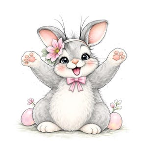 Puede incluir: Un alegre conejo de dibujos animados con pelaje gris, una pajarita rosa y una corona de flores. El conejo sonr&iacute;e con los brazos levantados, y dos huevos de Pascua rosas a cada lado. La imagen tiene un estilo acuarela.