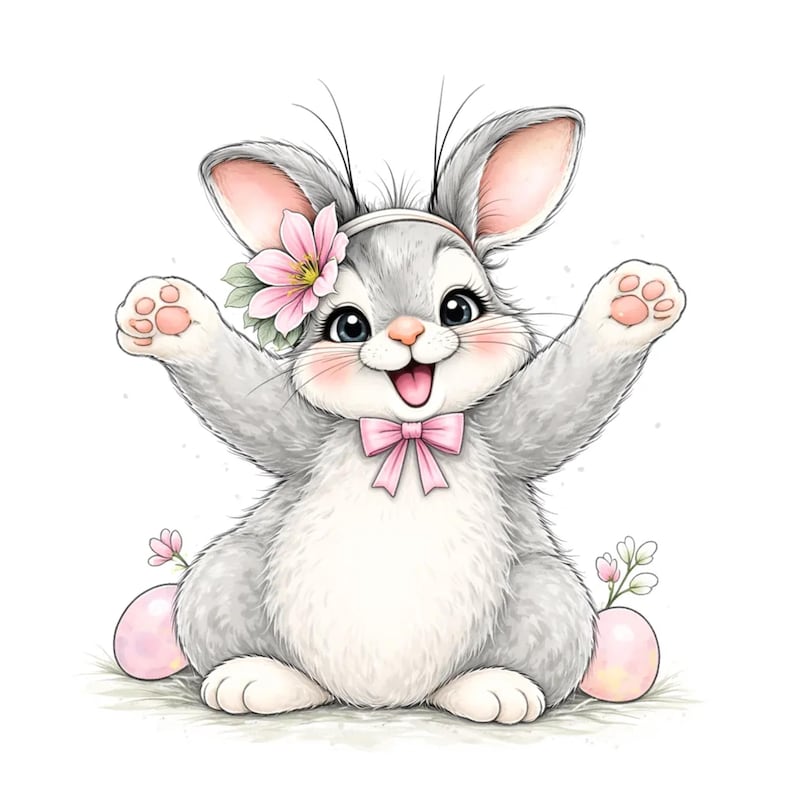 Puede incluir: Un alegre conejo de dibujos animados con pelaje gris, una pajarita rosa y una corona de flores. El conejo sonr&iacute;e con los brazos levantados, y dos huevos de Pascua rosas a cada lado. La imagen tiene un estilo acuarela.