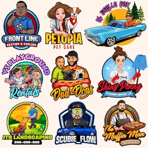 May include: Nine colourful logo designs featuring cartoon characters and text. The logos include a heating and cooling company, a pet care business, a playground rental company, a dog walking service, a cleaning service, a landscaping company, a car detailing service, a gaming channel, and a bakery.