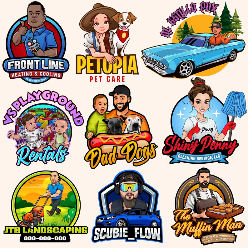 May include: Nine colourful logo designs featuring cartoon characters and text. The logos include a heating and cooling company, a pet care business, a playground rental company, a dog walking service, a cleaning service, a landscaping company, a car detailing service, a gaming channel, and a bakery.