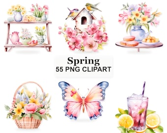 55 Watercolor Spring Clipart PNG Bundle | Floral Garden Graphics Pack | Botanical Bloom Illustrations for Crafts Prints