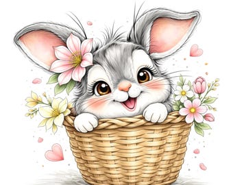 30 imágenes prediseñadas de conejos asomando: conejo de Pascua caprichoso PNG, paquete de manualidades con gráficos de primavera para guardería
