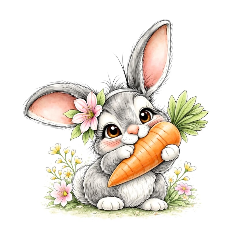 Puede incluir: Ilustraci&oacute;n en acuarela de un conejito gris sosteniendo una gran zanahoria naranja. El conejito tiene orejas forradas de rosa, ojos marrones grandes y est&aacute; adornado con flores rosas y hojas verdes. Peque&ntilde;as flores amarillas y rosas est&aacute;n dispersas.