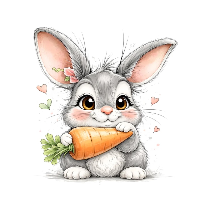Puede incluir: Ilustraci&oacute;n de dibujos animados de un lindo conejito gris sosteniendo una gran zanahoria naranja. El conejito tiene grandes ojos marrones, detalles rosas y una peque&ntilde;a flor en la oreja. Corazones rosas y hojas verdes dispersas.