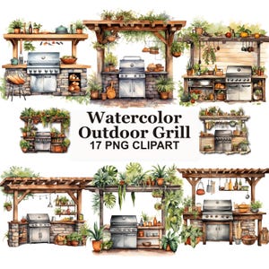 Watercolor Outdoor Grill Clipart Bundle, Summer BBQ PNG Graphics, Rustic Backyard Kitchen Art for Stickers